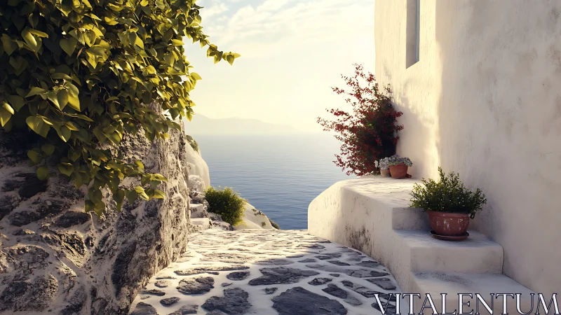 Sunlit coastal stone path beside whitewashed buildings.