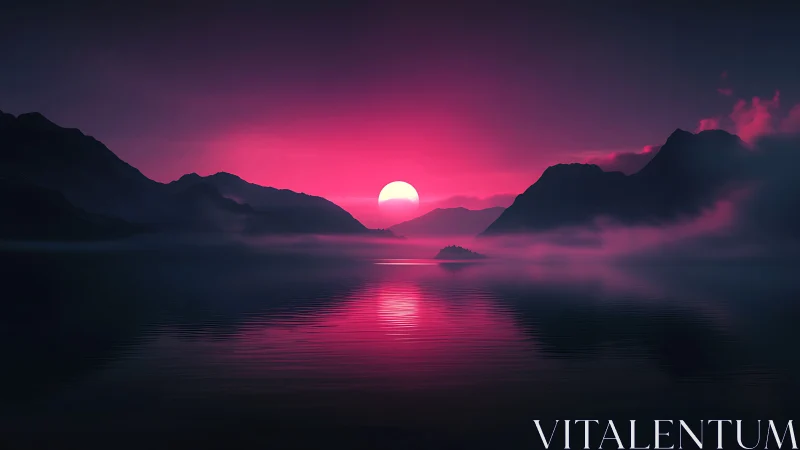 Neon sun sinks behind misty mountains over mirrored lake.