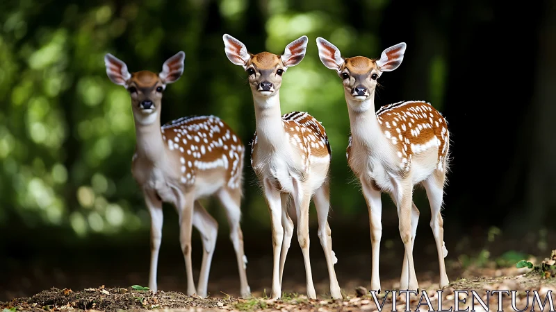 Three spotted fawns standing alert in forest clearing.