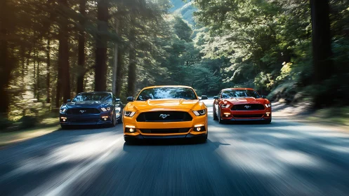 Three sports cars driving on forest road in daylight.