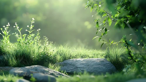 Sunlit grass, rocks and foliage in shallow depth of field.