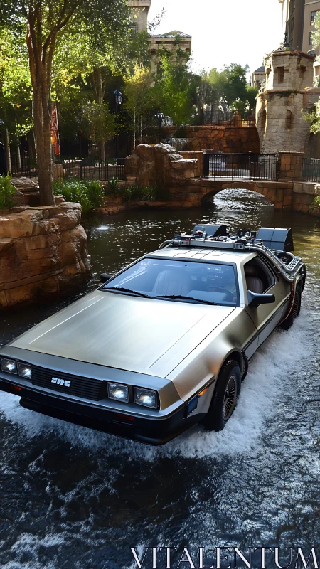 DeLorean time machine replica driving through shallow canal water