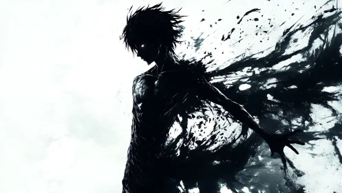 Shadow-splintered humanoid silhouette in kinetic ink dispersion.