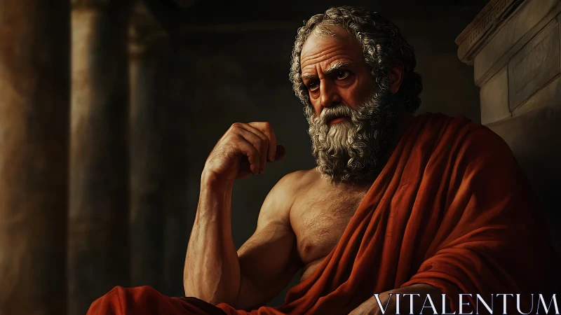 Older bearded man in orange robe sits thinking in shadows