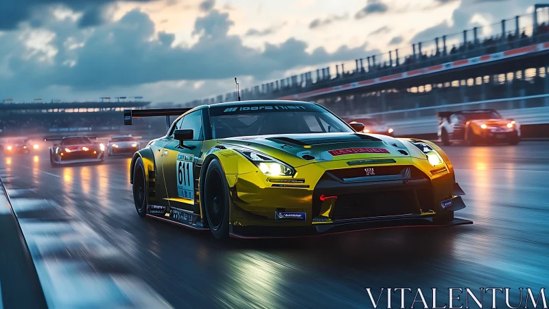 Golden GT-R slices through neon rain on twilight racetrack.