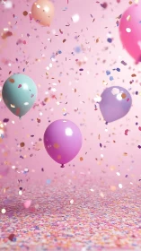 Colored balloons suspended against pink background with confetti particles.