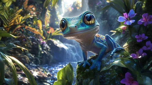 Iridescent gecko portrait in luminous rainforest clearing.