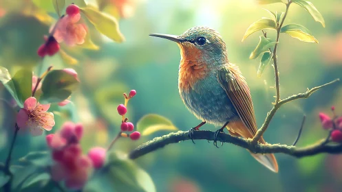 Vibrant hummingbird on blooming branch, dreamy soft-focus nature art.