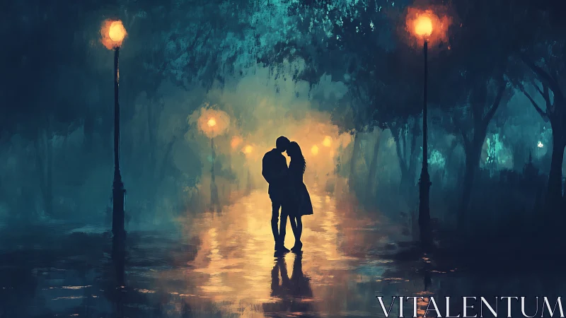 Couple Kissing Under Streetlights on Wet Urban Path.