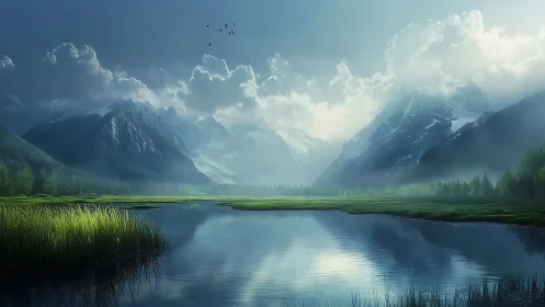 Misty alpine lake mirrors dramatic snowlit mountain peaks