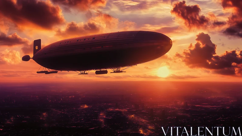 Golden hour airship glides peacefully above a glowing city