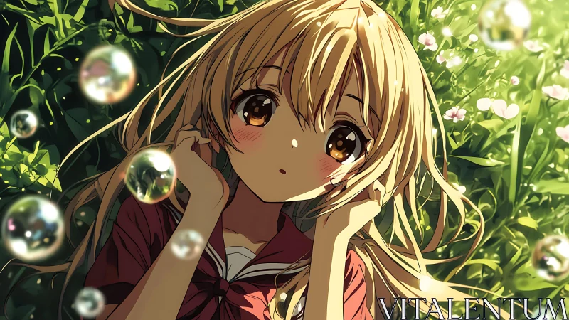 Golden-haired anime girl amid sunlit bubbles and flowers.
