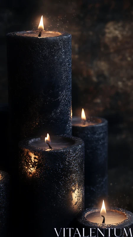 Black pillar candles burn with textured wax surfaces in dark