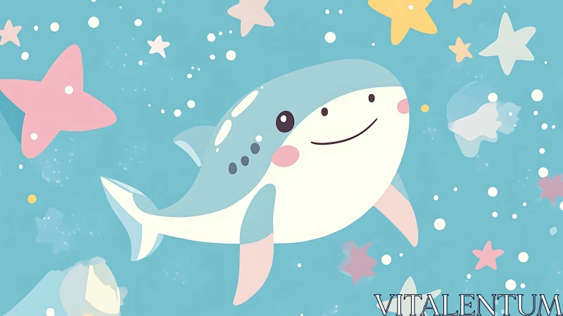 Cartoon whale shark with pastel starfish on blue field.