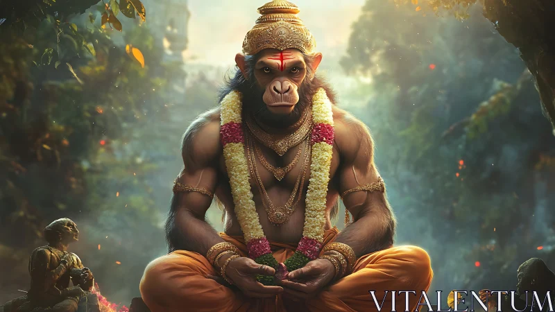 Majestic monkey warrior rests in peaceful forest light