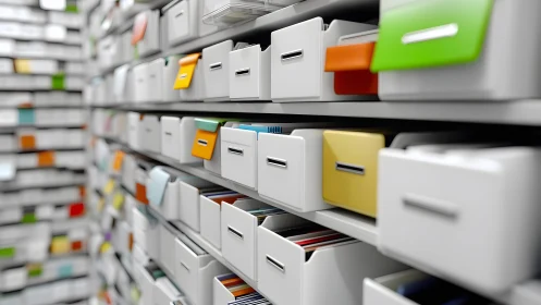 Organized archive shelves with colorful file drawers in focus.