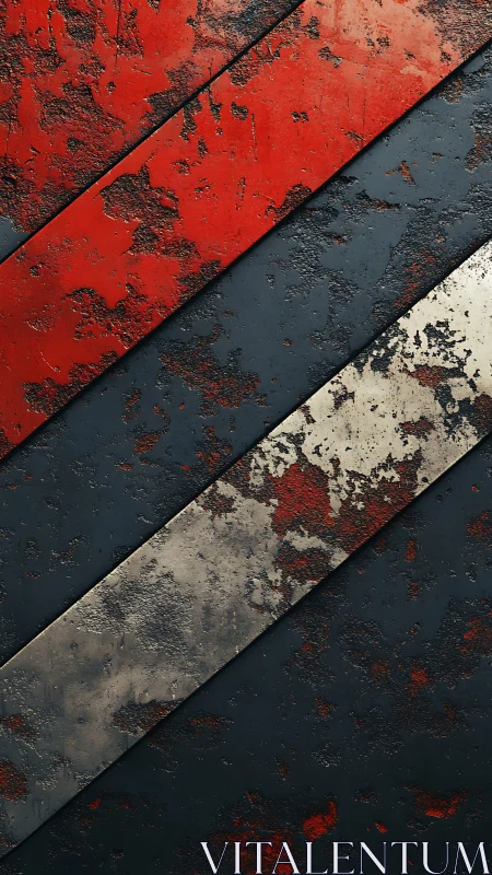 Diagonal distressed metal strips in red, charcoal, steel tones.