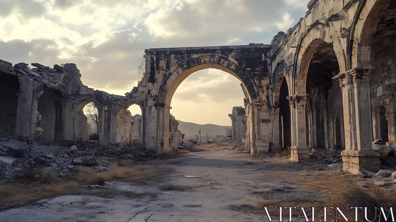Sunlit stone arches rise over a silent war-torn street.