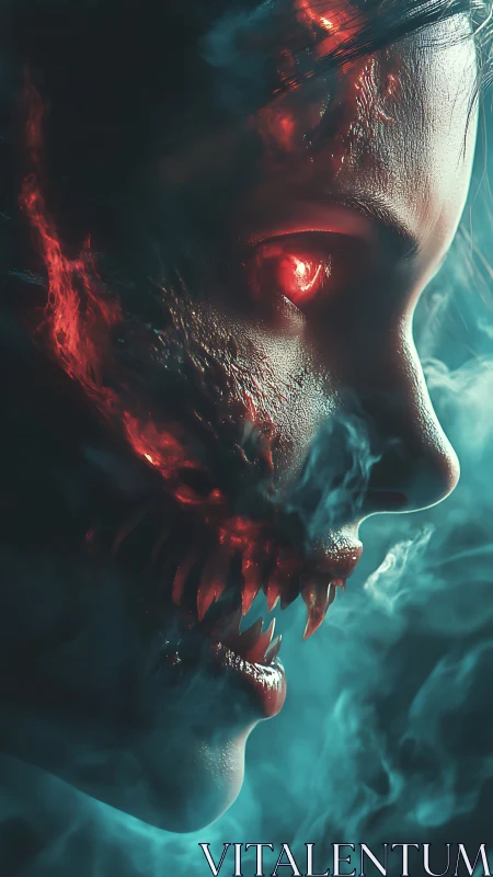 Demonic hybrid portrait with bioluminescent eye and smoke.