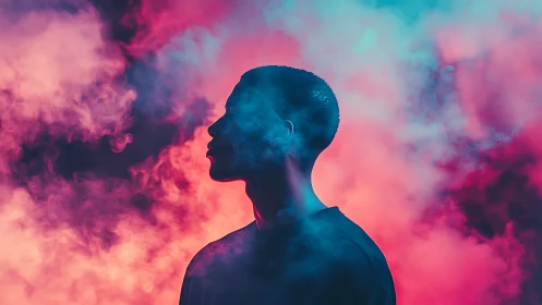 Silhouetted man stands in neon smoke with moody contrast
