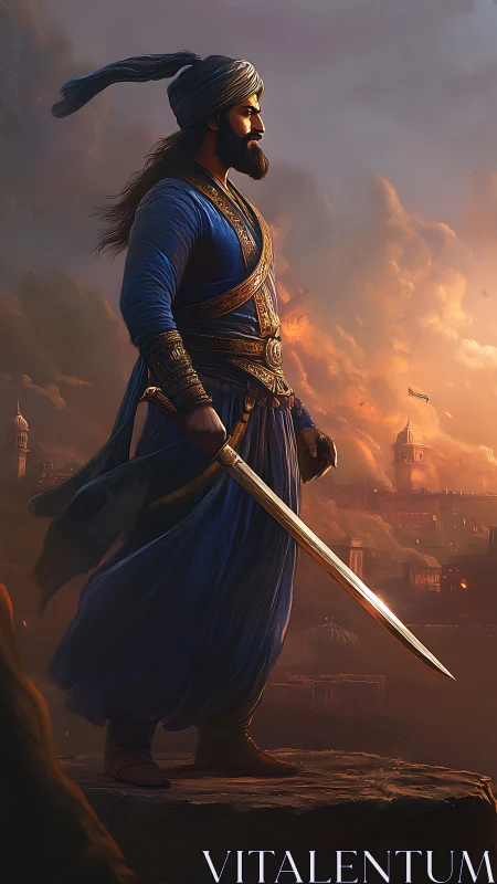 Sunlit warrior in blue gazes over a city of gathering storms.