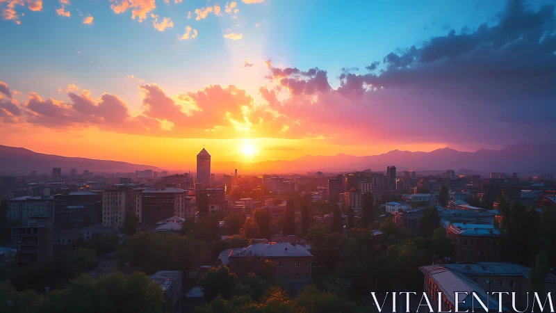 Urban skyline at sunset with volumetric clouds and distant ranges
