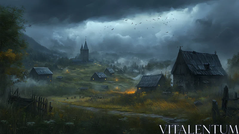 Moody rural valley village under storm-laden twilight sky.
