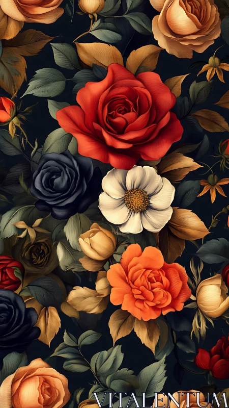 Vibrant Floral Garden: Red Roses and Blooms on Dark Canvas