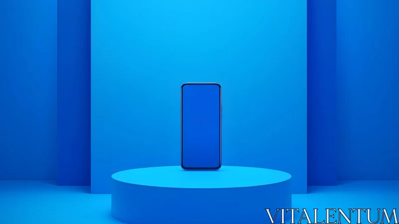 Modern smartphone on blue pedestal in minimalist studio setting.
