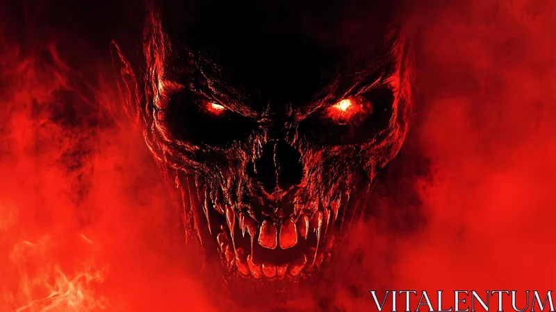 Demonic skull visage with molten eyes in red vapor field