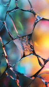 Shattered glass macro abstraction with neon bokeh glow.