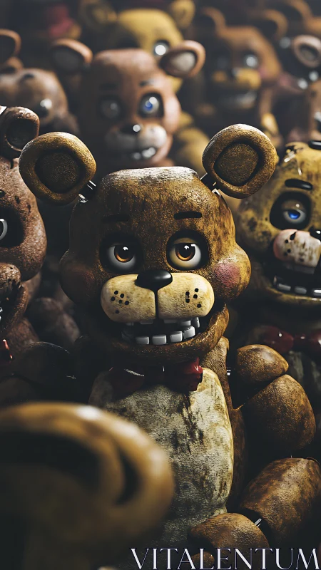 Close-up view of worn animatronic bear among many peers.