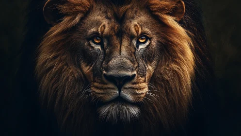 Lion portrait displays frontal view with controlled lighting