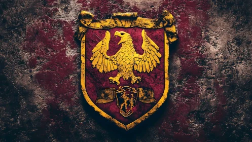 Golden eagle heraldic shield on textured red stone wall.