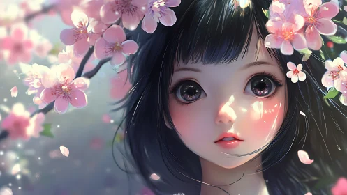 Hyper-detailed anime girl portrait framed by soft sakura bloom