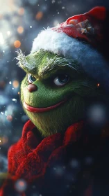 Grinch-inspired green character in cozy snowy Christmas glow.