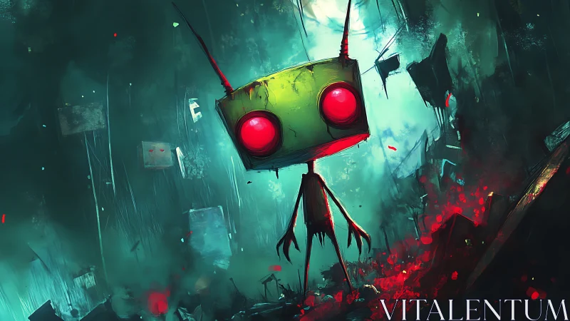 Neon-eyed robot silhouette in foggy teal-red ruin-scape