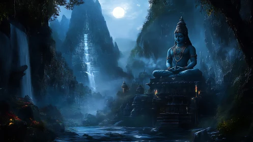 Moonlit blue deity breathes silence into misty mountain gorge