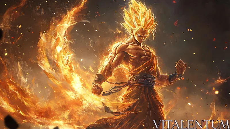 Fiery golden warrior surrounded by dynamic blazing aura.