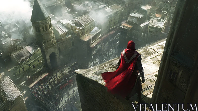 Solitary cloaked figure surveys a mist-shrouded ancient city