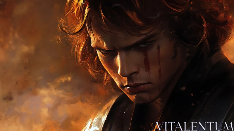 Ember lit fury carves a solemn path across a scarred face