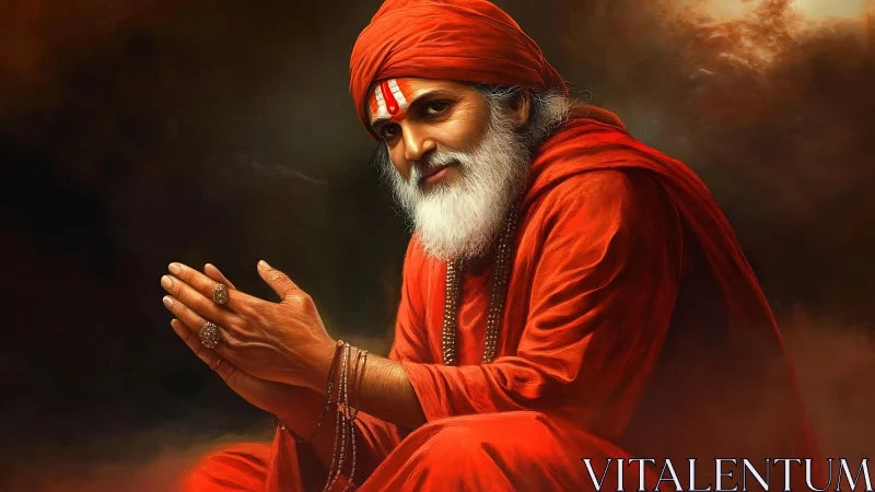 Digital portrait of serene elderly guru in saffron robes.