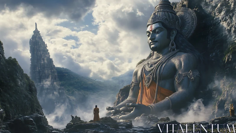 Giant stone deity statue sits in misty mountain valley