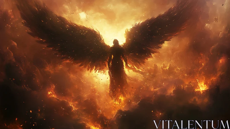 Winged seraph in infernal skies, forged from blazing light.
