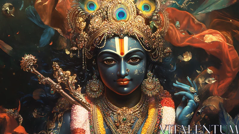 Blue-skinned deity figure with ornate crown and jewelry.