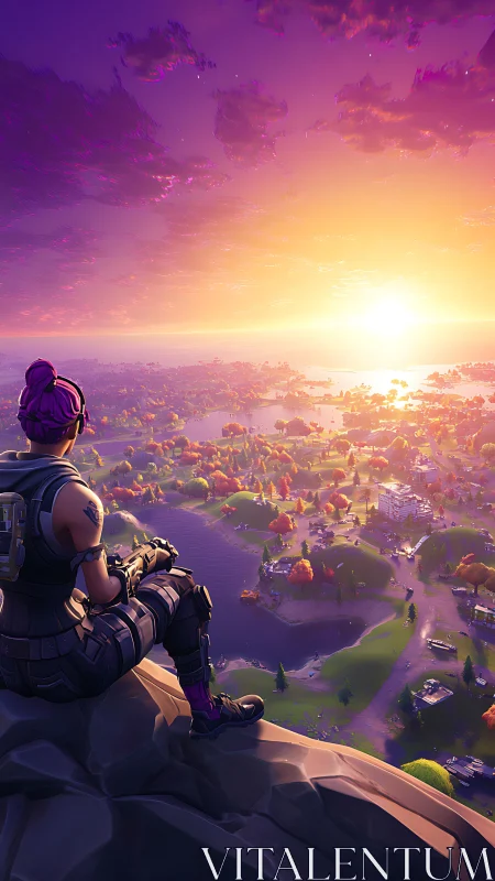 Sunset gamer overlooking a glowing, dreamlike adventure world.