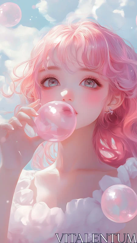 Pink haired girl holds iridescent bubble under soft sky