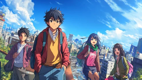 Teen friends walking on sunny rooftop above busy city.