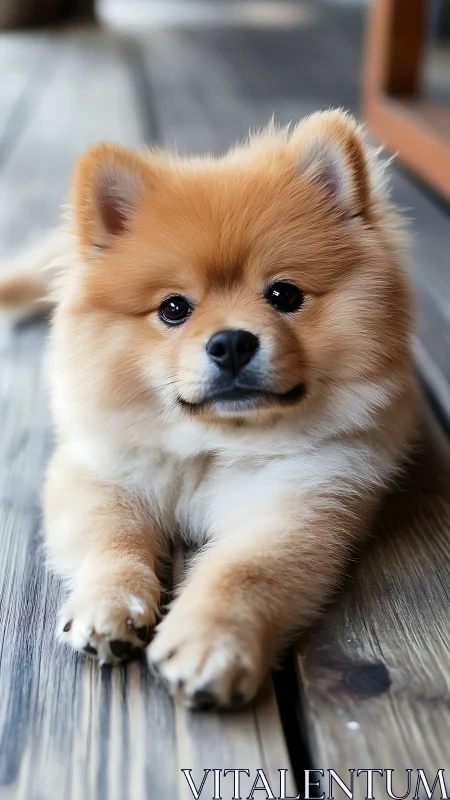 Fluffy Pomeranian resting on weathered wooden decking.