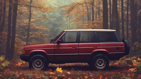 Crimson forest rover pausing in a misty autumn hush.